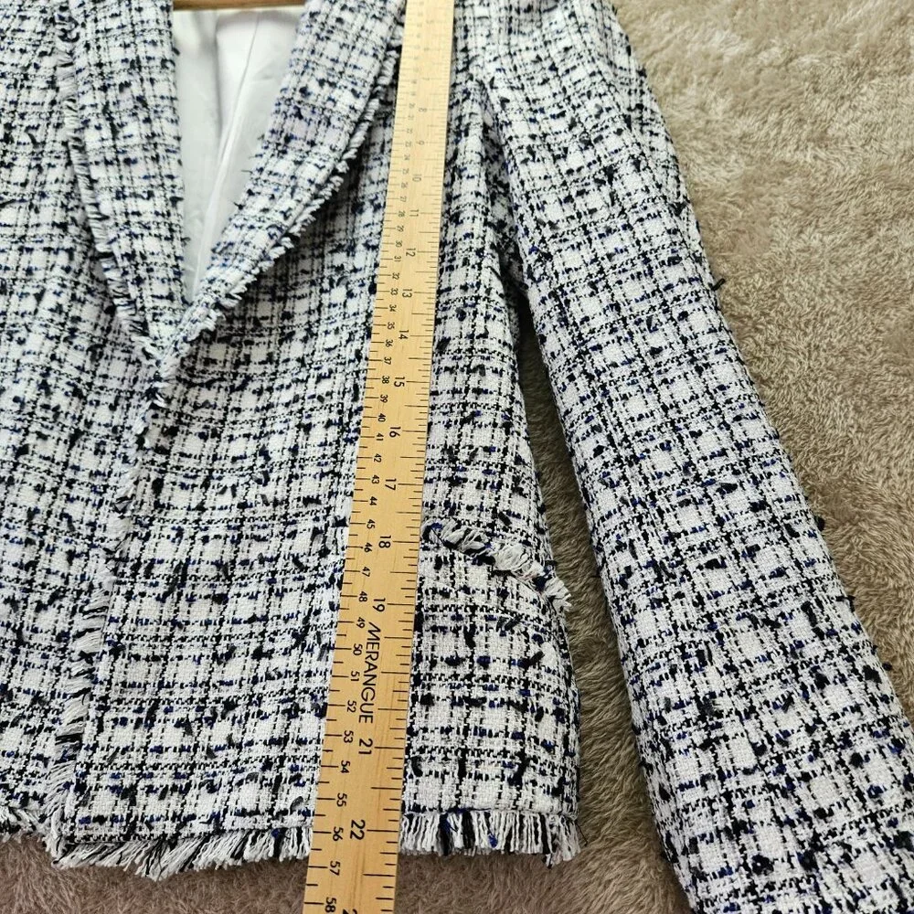 H&M Textured Tweed White Blue Weave Blazer Jacket Women's Size 4 - Picture 4 of 6